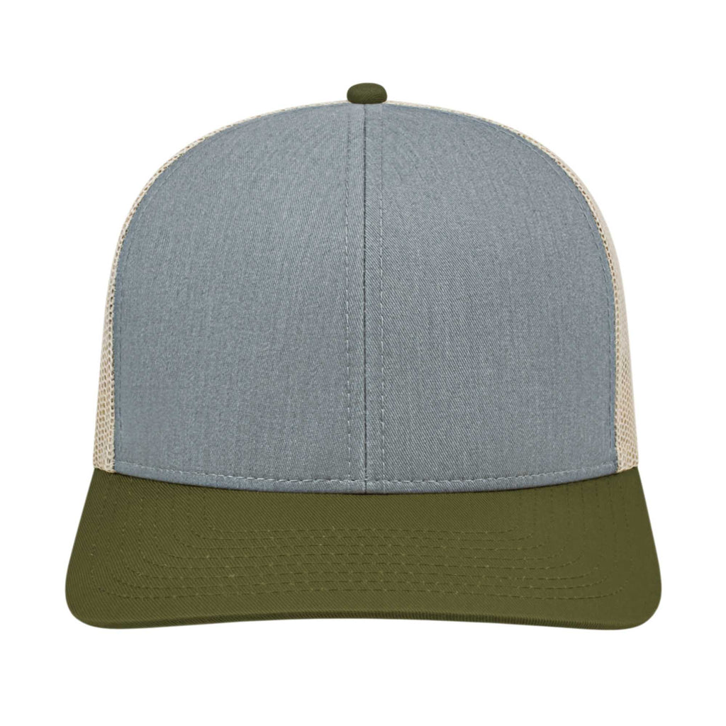 Cap America Poly Cotton Trucker Cap with Mesh Back Embroidery - Heather/Loden/Stone - Front 2