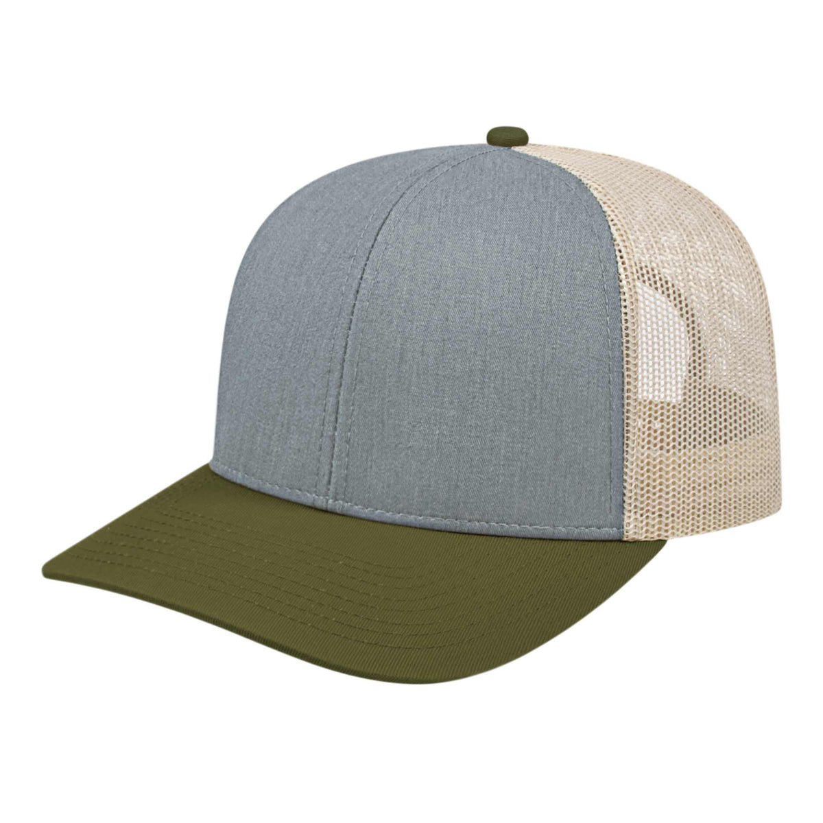 Cap America Poly Cotton Trucker Cap with Mesh Back Embroidery - Heather/Loden/Stone - Front