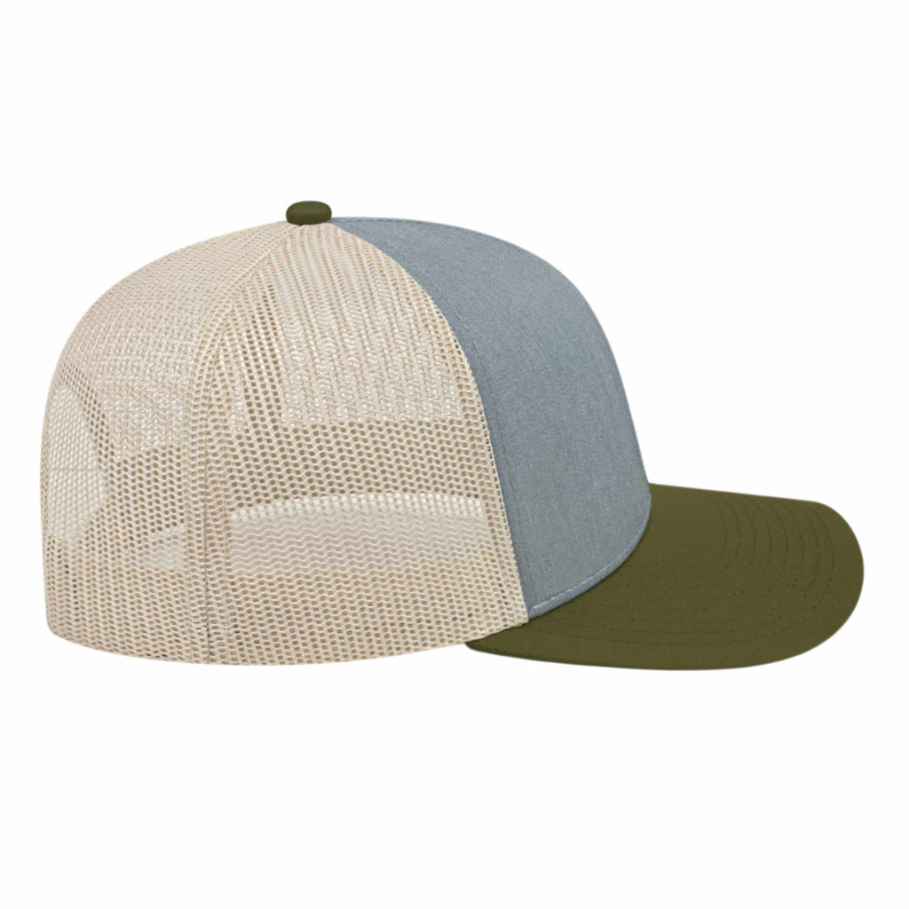 Cap America Poly Cotton Trucker Cap with Mesh Back Embroidery - Heather/Loden/Stone - Left Side
