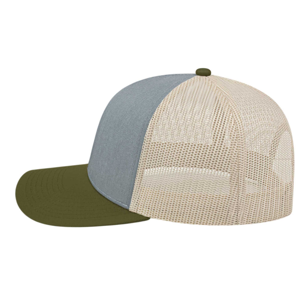 Cap America Poly Cotton Trucker Cap with Mesh Back Embroidery - Heather/Loden/Stone - Right Side