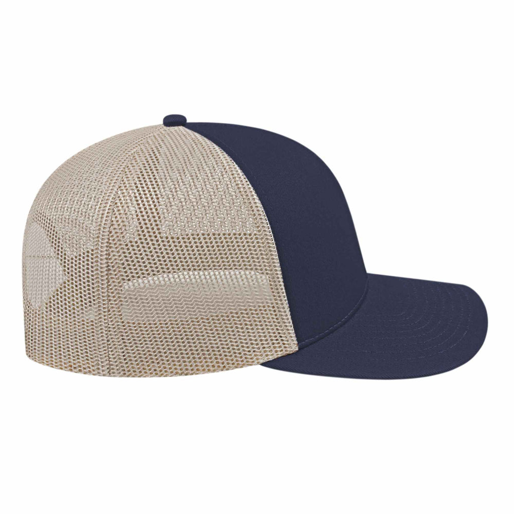 Cap America Poly Cotton Trucker Cap with Mesh Back Embroidery - Navy/Stone - Left Side