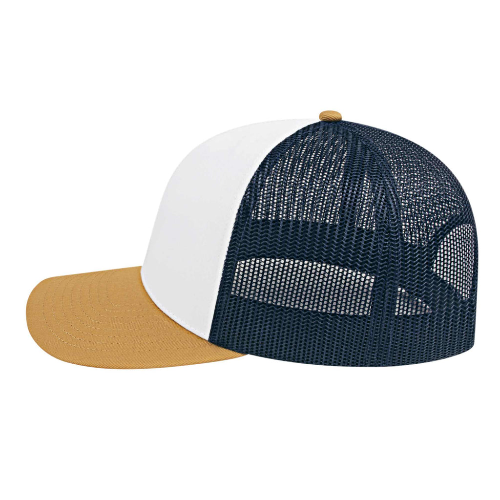 Cap America Poly Cotton Trucker Cap with Mesh Back Embroidery - White/Amber/Navy - Photo 4