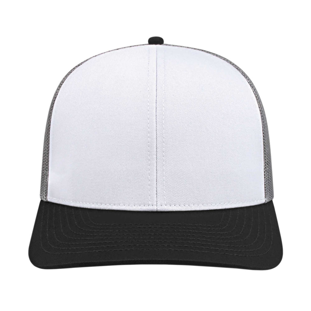 Cap America Poly Cotton Trucker Cap with Mesh Back Embroidery - White/Black/Gray - Front 2