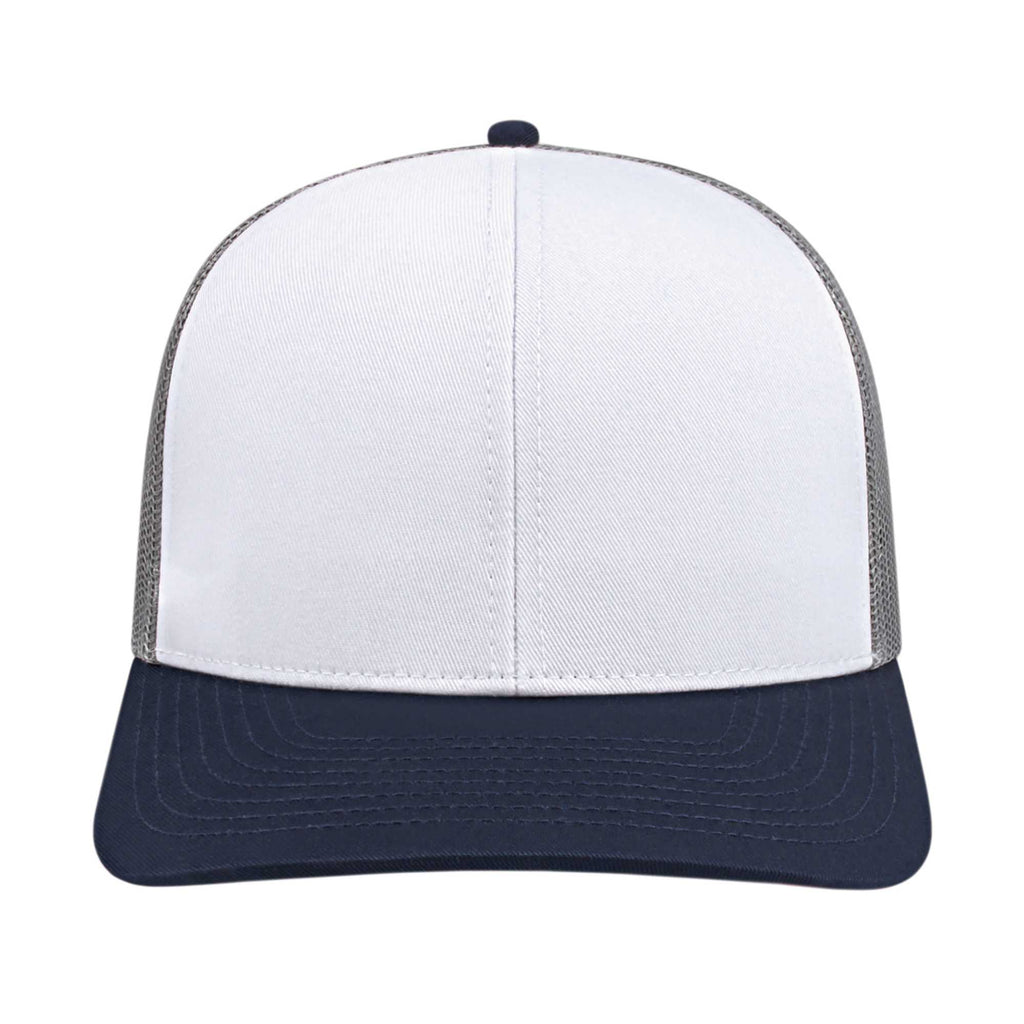 Cap America Poly Cotton Trucker Cap with Mesh Back Embroidery - White/Navy/Gray - Front 2