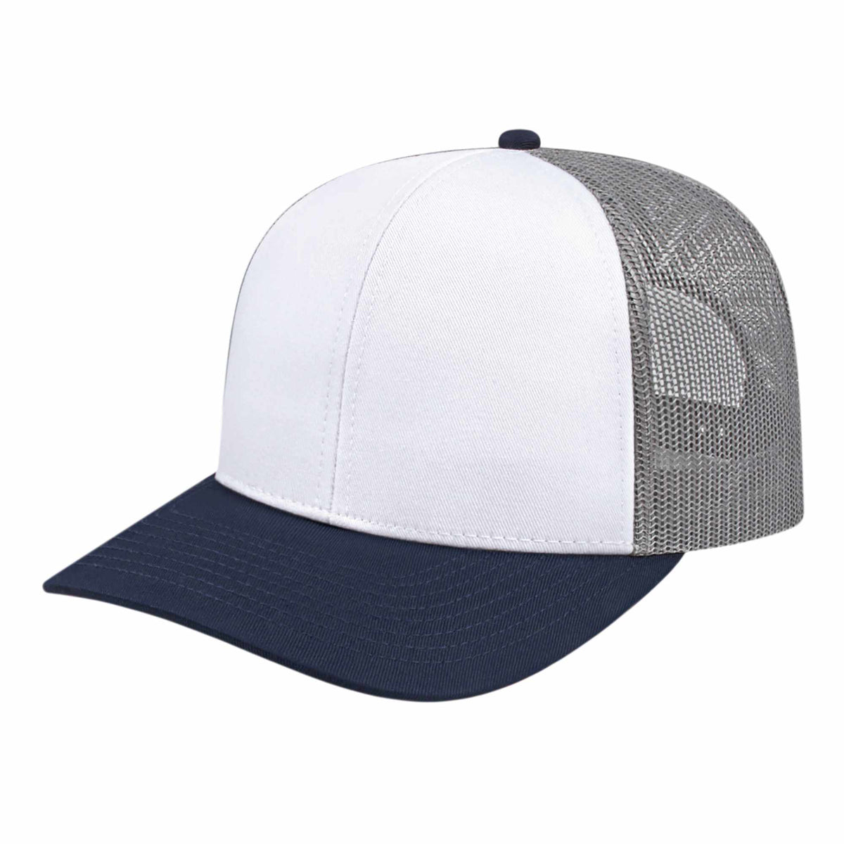 Cap America Poly Cotton Trucker Cap with Mesh Back Embroidery - White/Navy/Gray - Front
