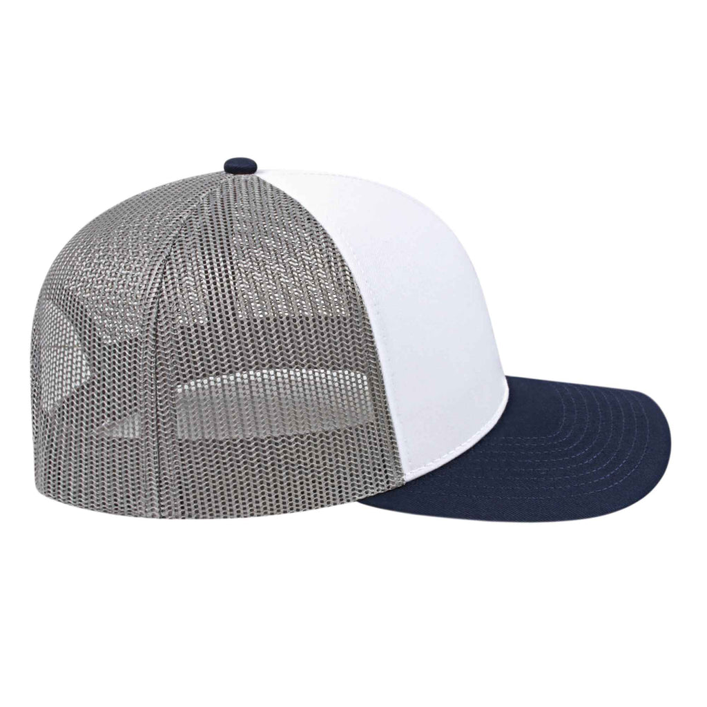 Cap America Poly Cotton Trucker Cap with Mesh Back Embroidery - White/Navy/Gray - Left Side