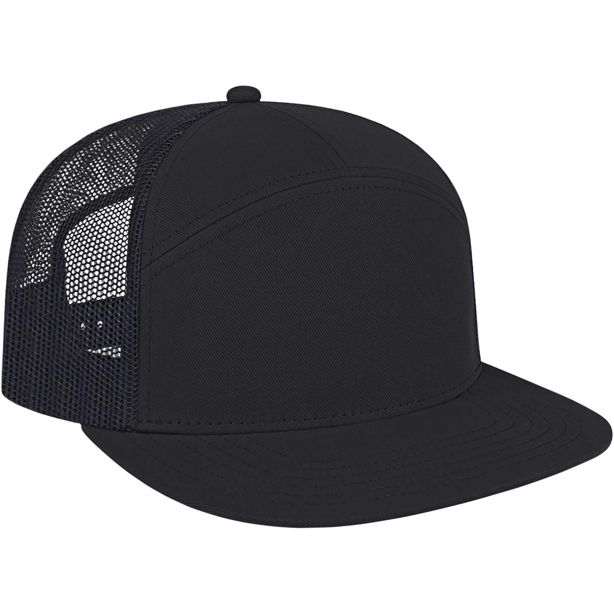Cap America Seven Panel Trucker Cap Embroidery - Black/Black - Left Angle