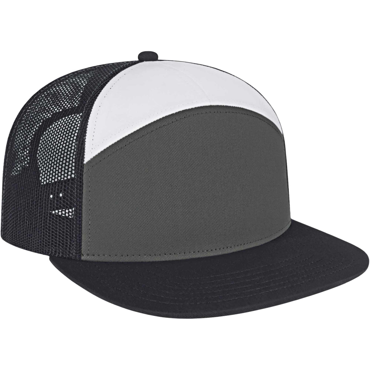 Cap America Seven Panel Trucker Cap Embroidery - Black/Charcoal/White - Left Angle