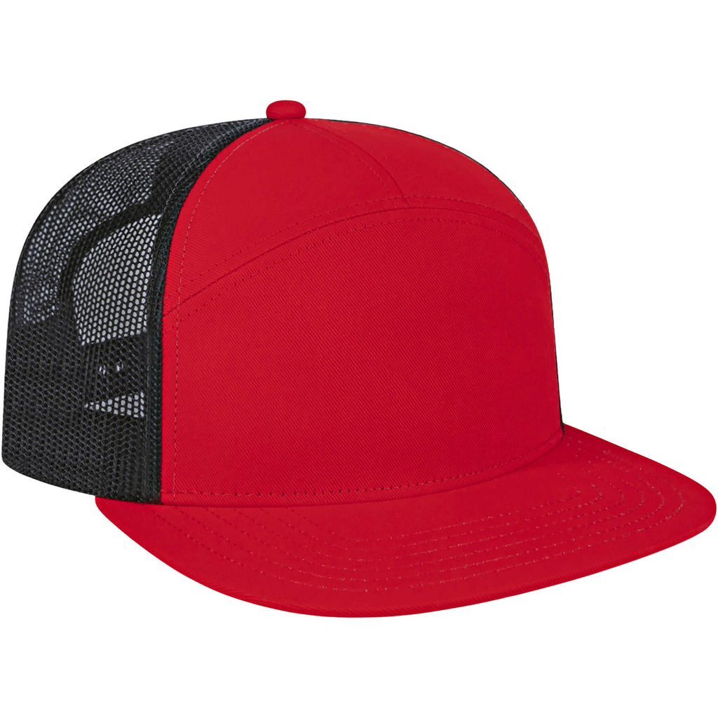 Cap America Seven Panel Trucker Cap Embroidery - Red/Black - Left Angle