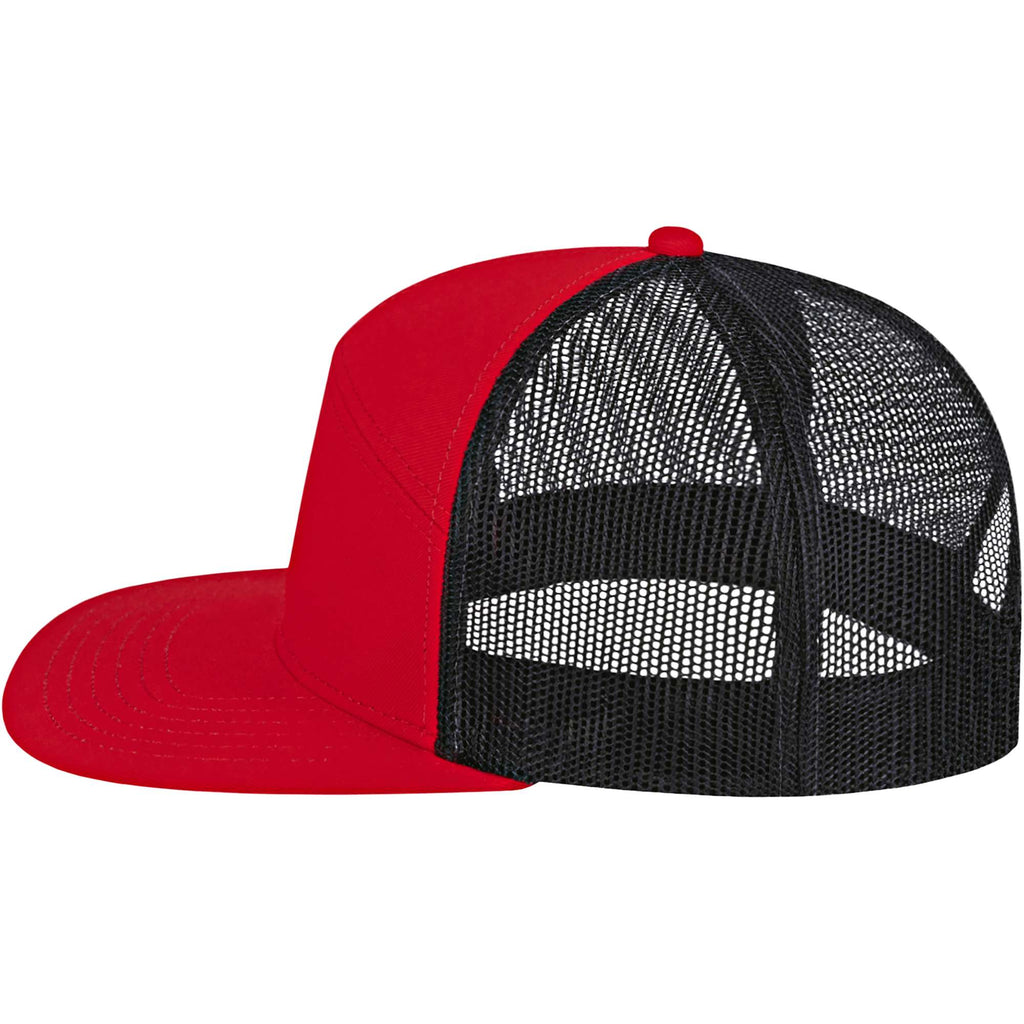 Cap America Seven Panel Trucker Cap Embroidery - Red/Black - Left Side