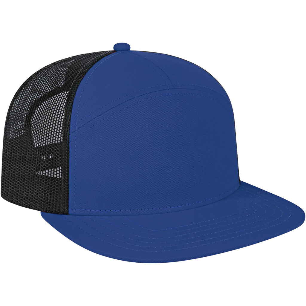 Cap America Seven Panel Trucker Cap Embroidery - Royal/Black - Left Angle