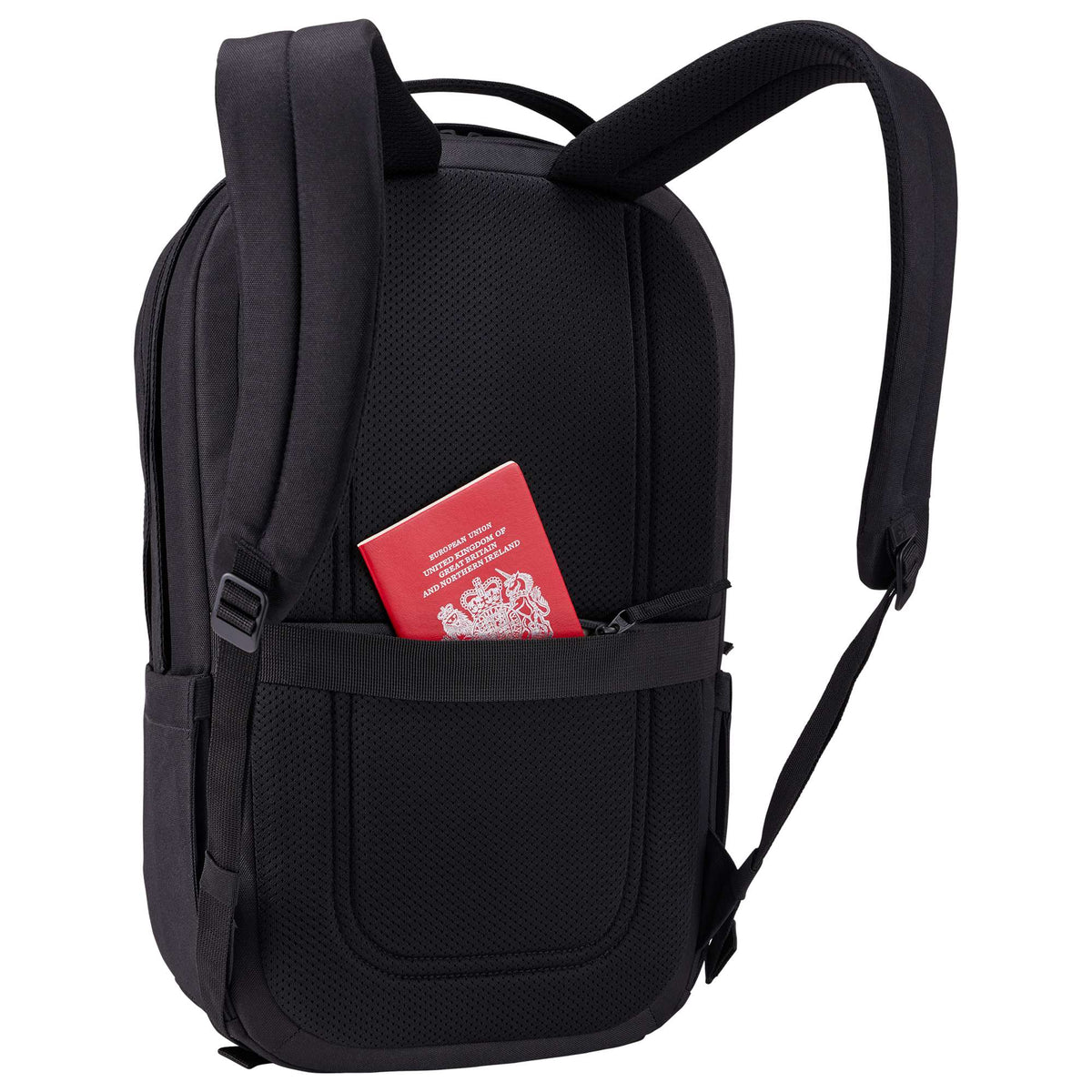 Case Logic Invigo Recycled Laptop Backpack, 16 Inch Embroidery - Black - Right Angle Back Propped
