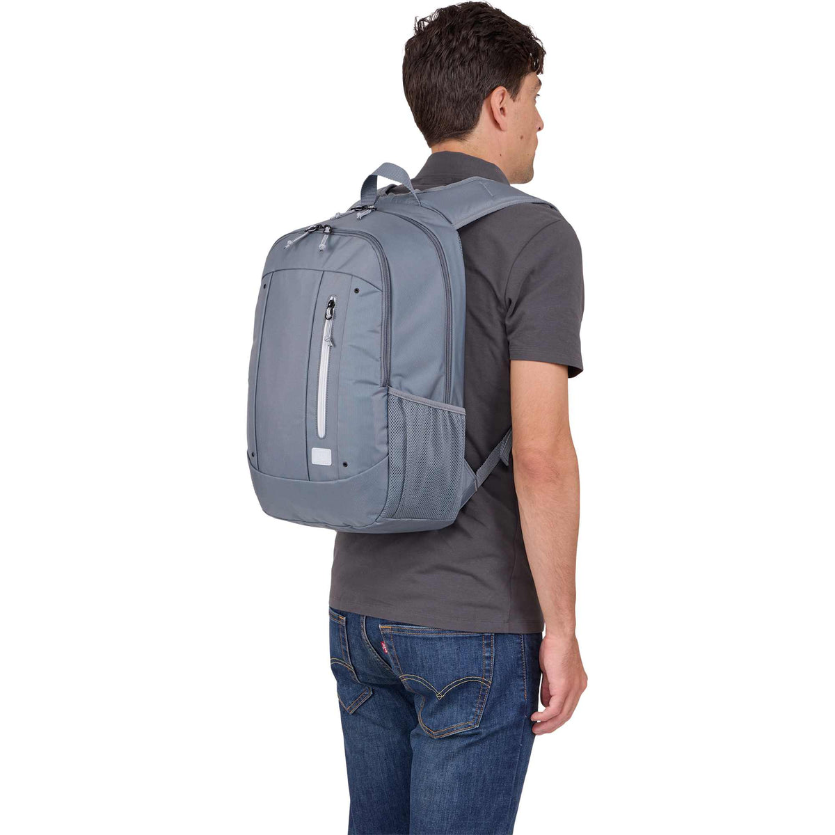 Case Logic Jaunt Recycled Backpack for 16 Inch Laptops Transfer - Gray - Left Angle On Model