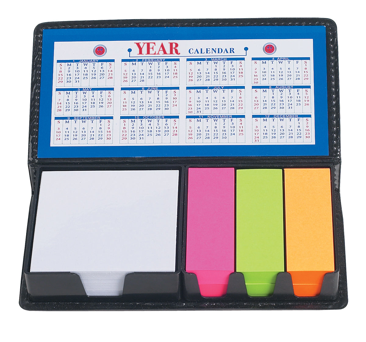 Case of Sticky Notes with Calendar, Leather Look - Black - Open
