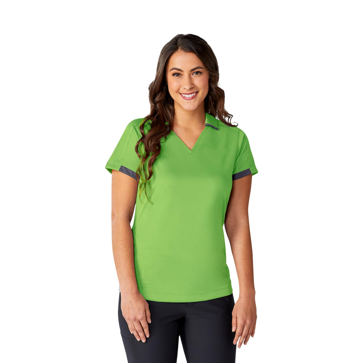 Cerrado V-Neck Performance Polo for Women Debossing - Apple/Grey Storm - On Model