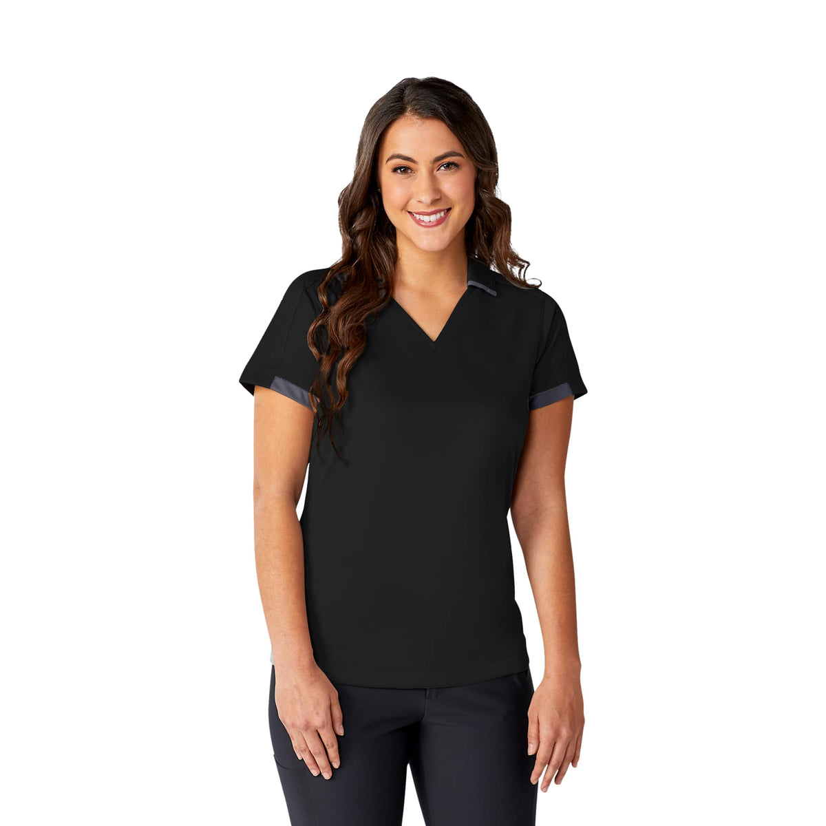 Cerrado V-Neck Performance Polo for Women Debossing - Black/Grey Storm - On Model