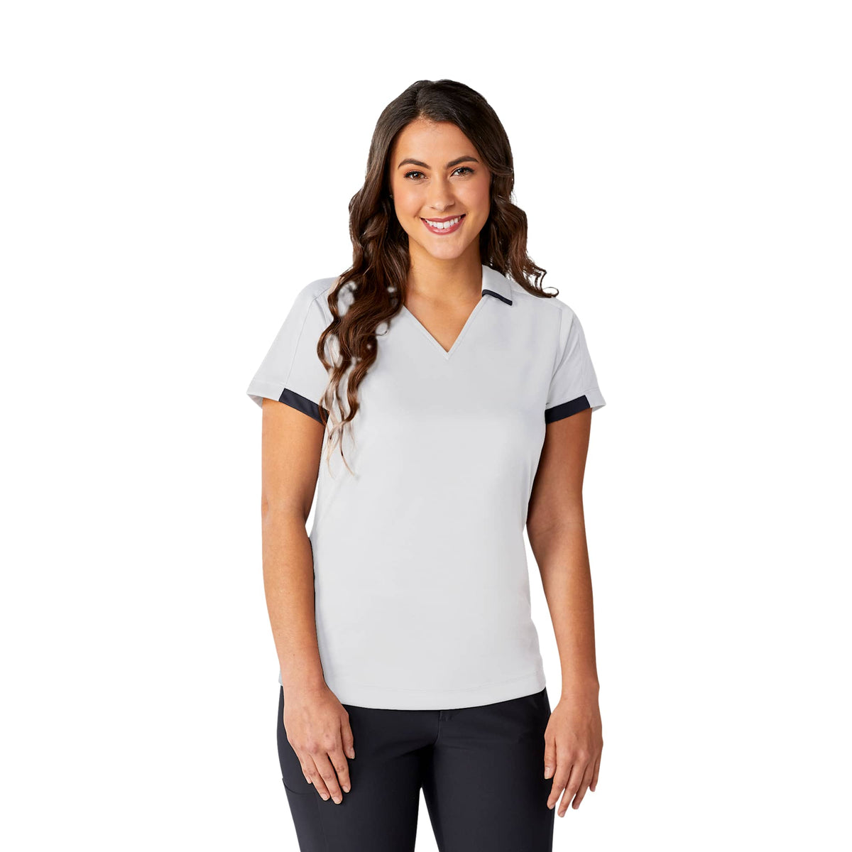 Cerrado V-Neck Performance Polo for Women Debossing - White/Grey Storm - On Model