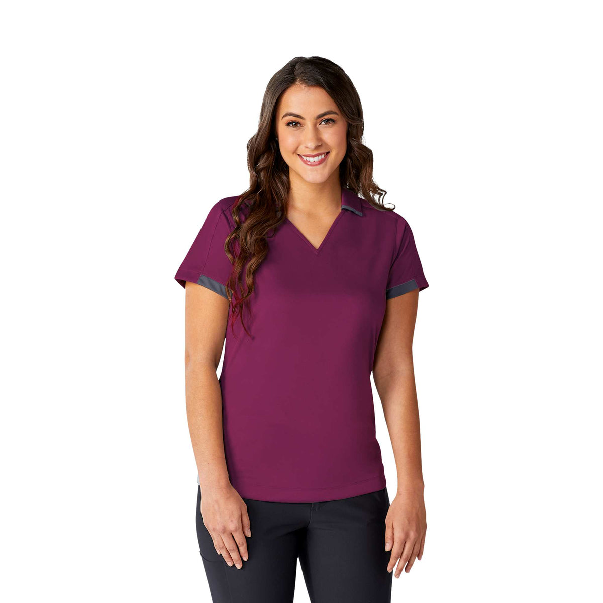 Cerrado V-Neck Performance Polo for Women Embroidery - Maroon/Grey Storm - On Model