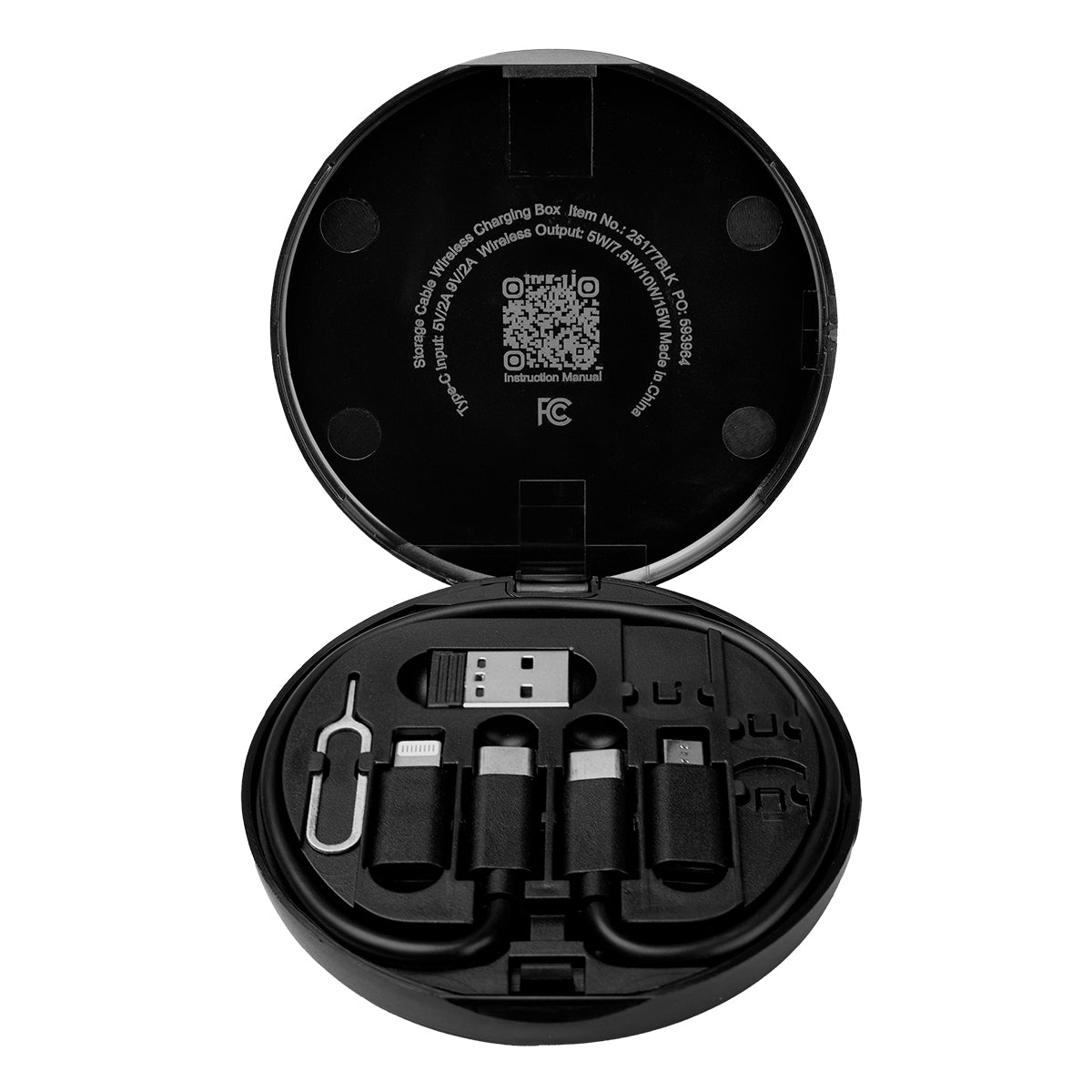 Charging Cord and Adapter Set in a Wireless Charging Case - Black - Open