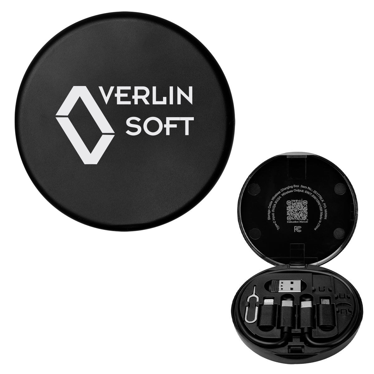 Charging Cord and Adapter Set in a Wireless Charging Case - Black - Pad Print
