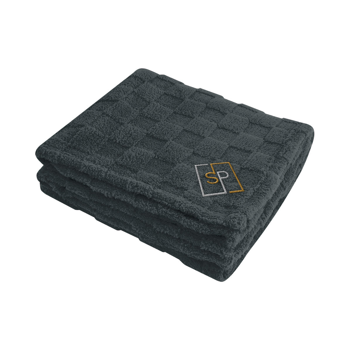Checkered Sherpa Blanket in Recycled PET - Charcoal - Embroidery