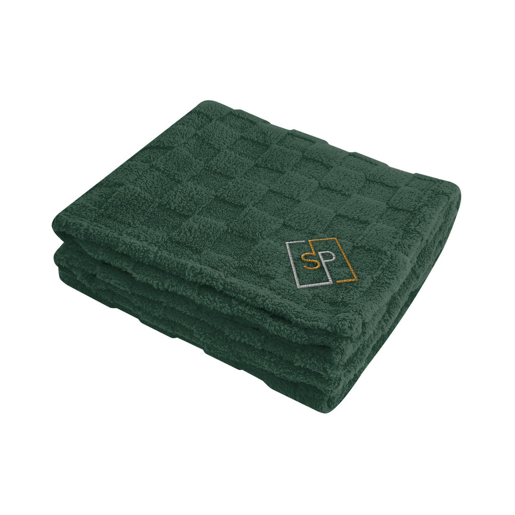 Checkered Sherpa Blanket in Recycled PET - Forest Green - Embroidery