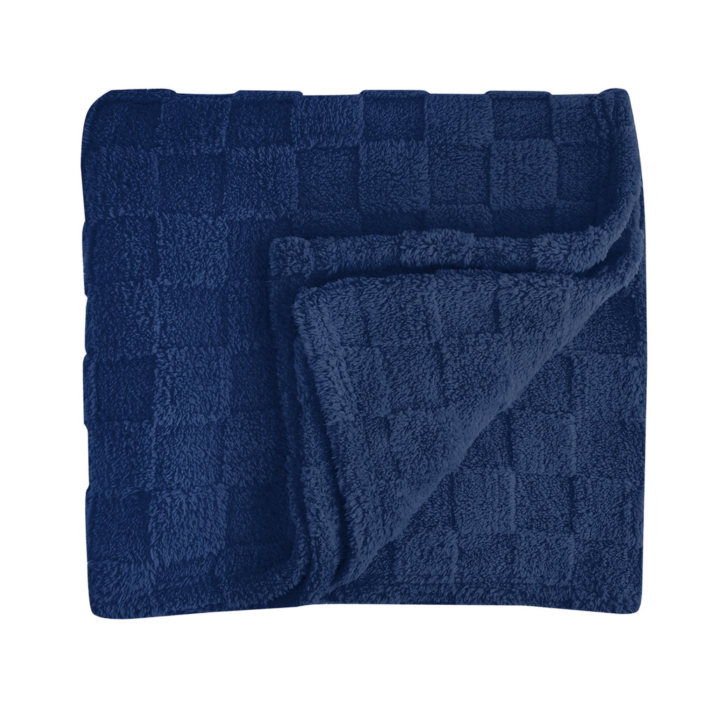 Checkered Sherpa Blanket in Recycled PET - Navy - Folded