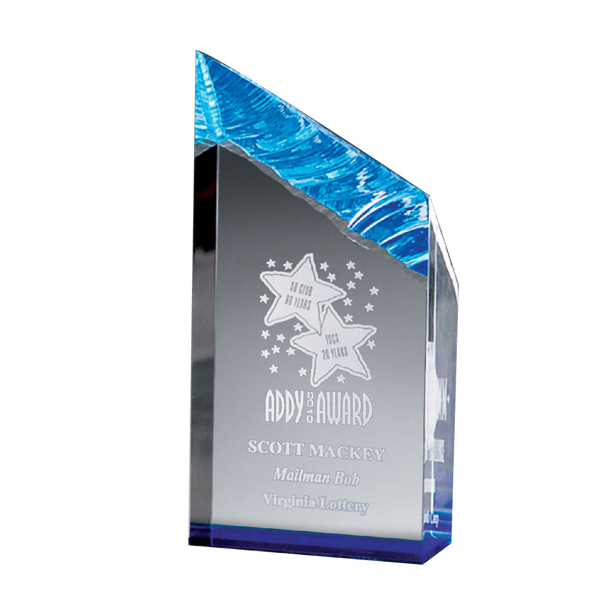 Chisel Tower Award, Medium - Clear With Blue - Laser Engraving