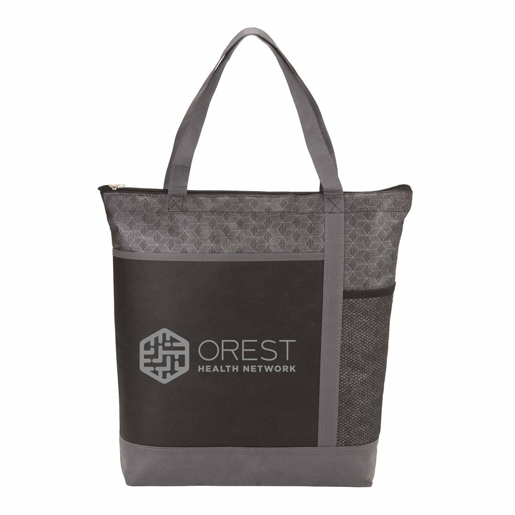Chrome Zippered Convention Tote with Mesh Bottle Pocket Full Color - Black - Front