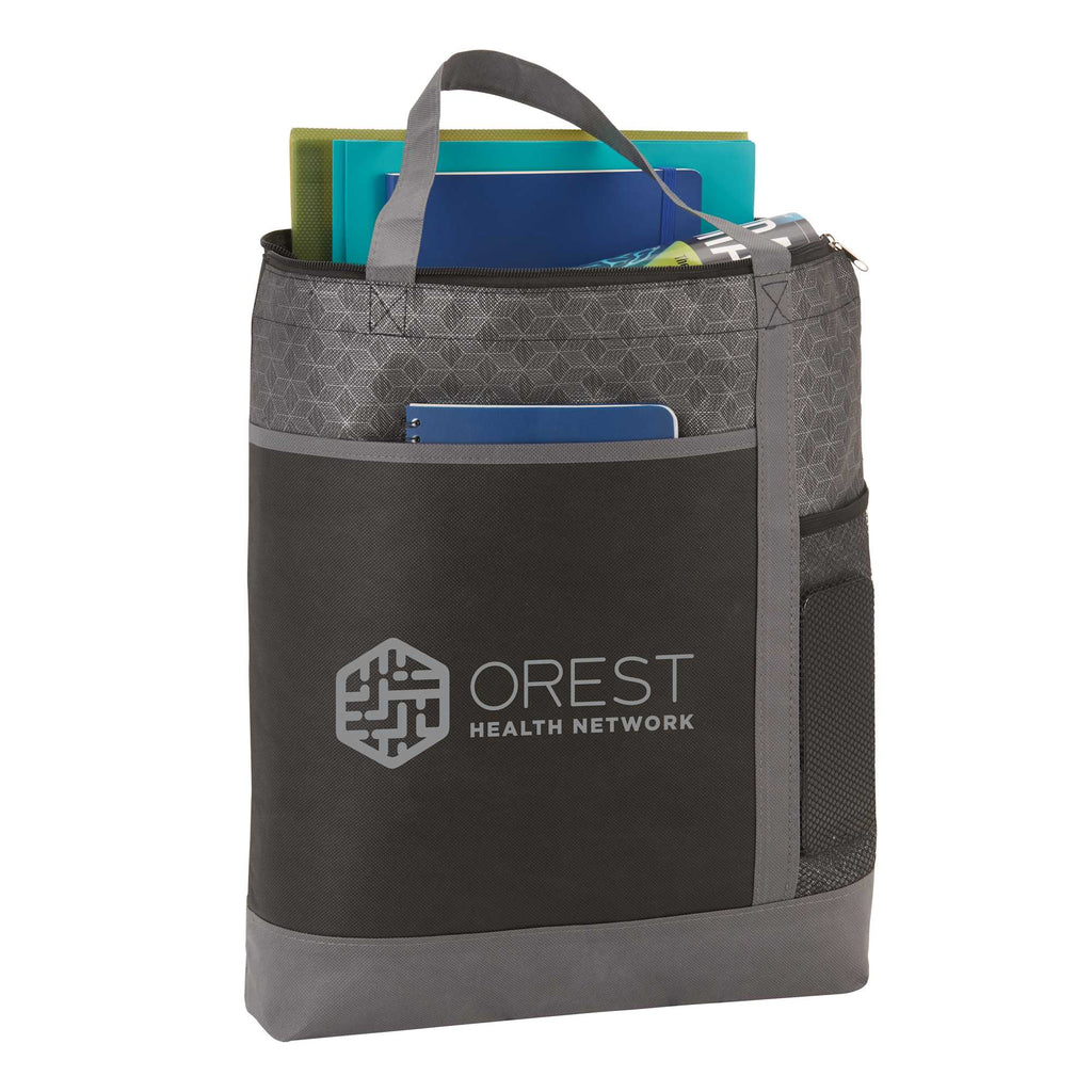 Chrome Zippered Convention Tote with Mesh Bottle Pocket Full Color - Black - Right Angle