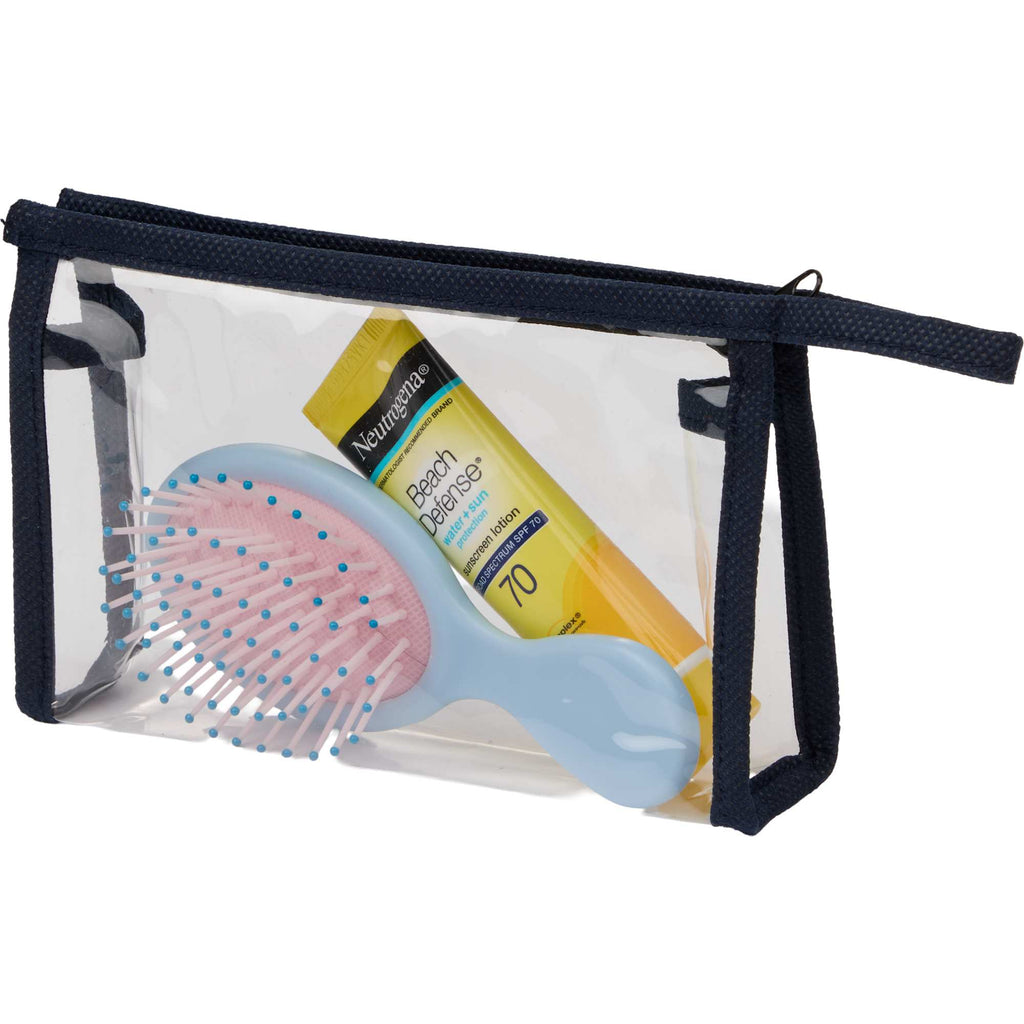 Claro Clear Toiletry Bag with Accent Trim - Navy - Left Angle Propped