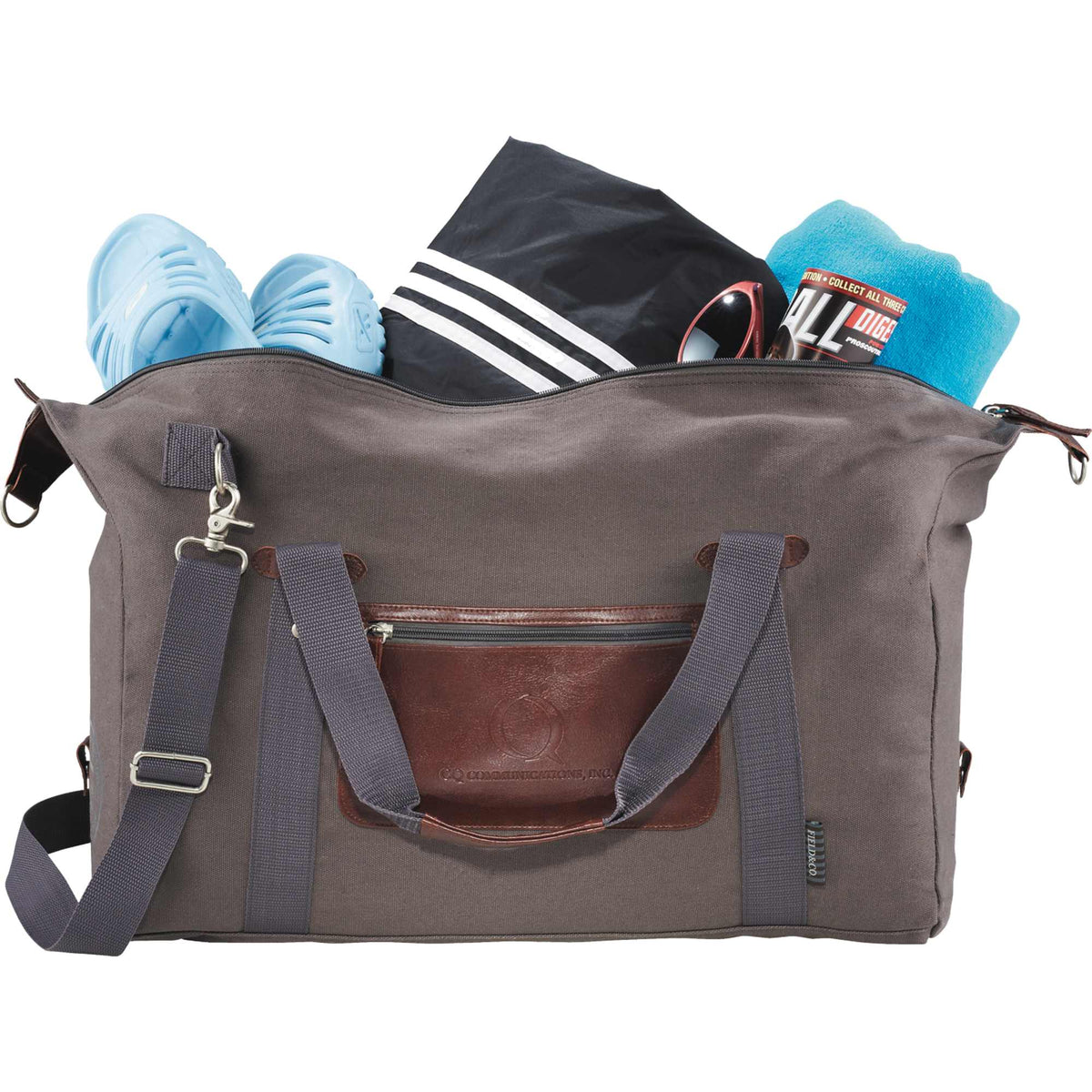 Classic Cotton Canvas Duffel Bag with Clip Down Sides, 20 Inches Debossing - Gray - Front 2