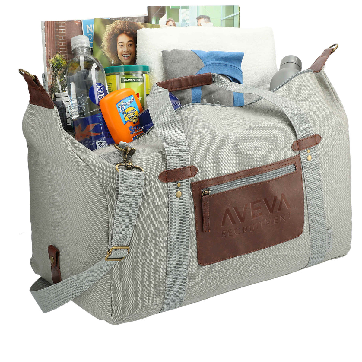 Classic Cotton Canvas Duffel Bag with Clip Down Sides, 20 Inches Debossing - Light Gray - Right Angle