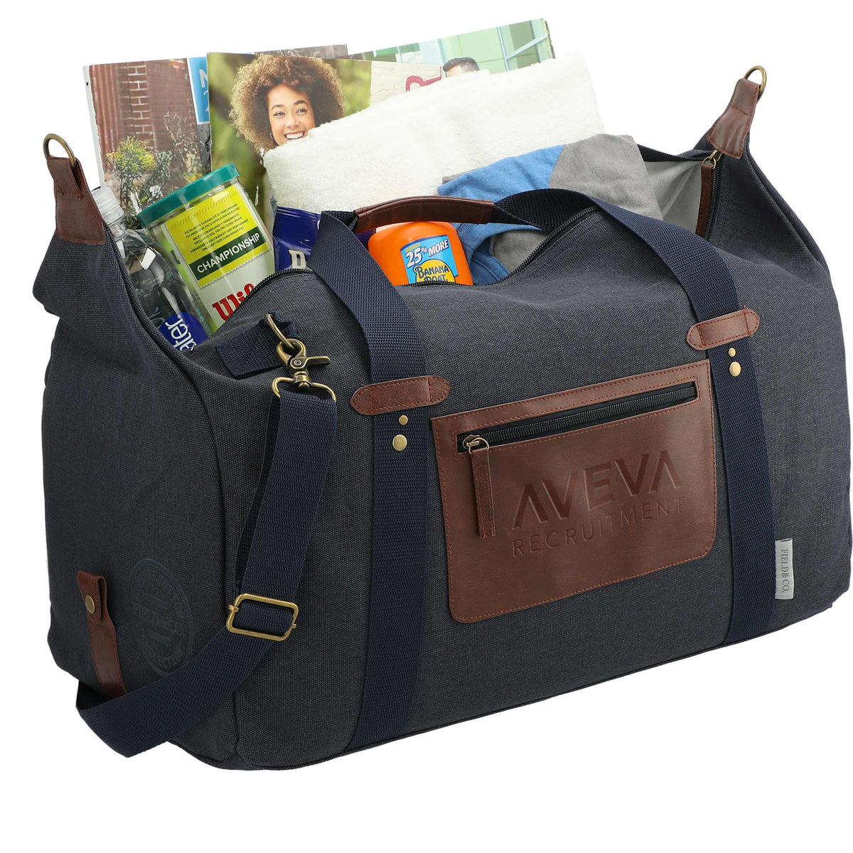 Classic Cotton Canvas Duffel Bag with Clip Down Sides, 20 Inches Debossing - Navy - Right Angle