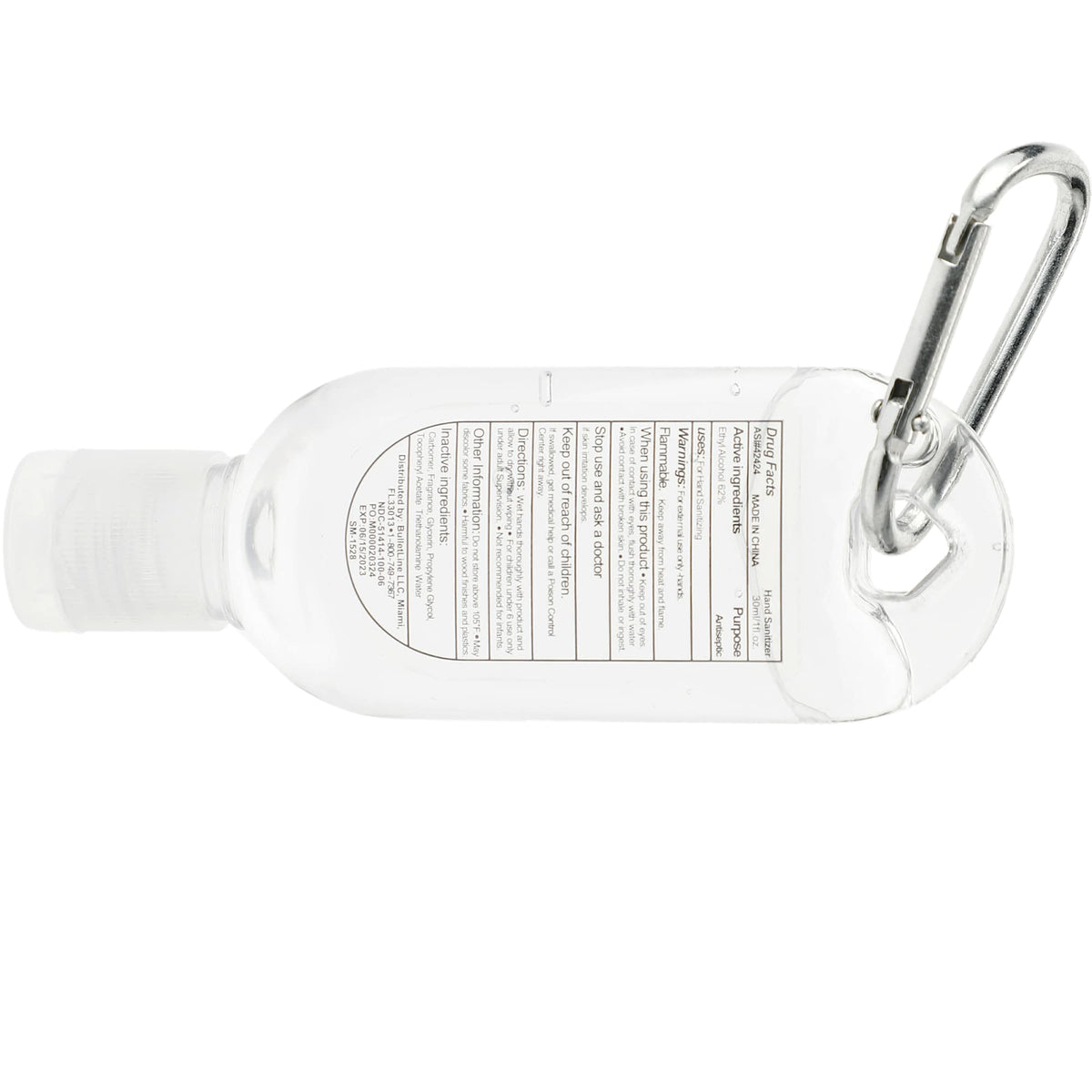 Clip-N-Go Hand Sanitizer with Mini Carabiner, 1 oz - Clear - Back