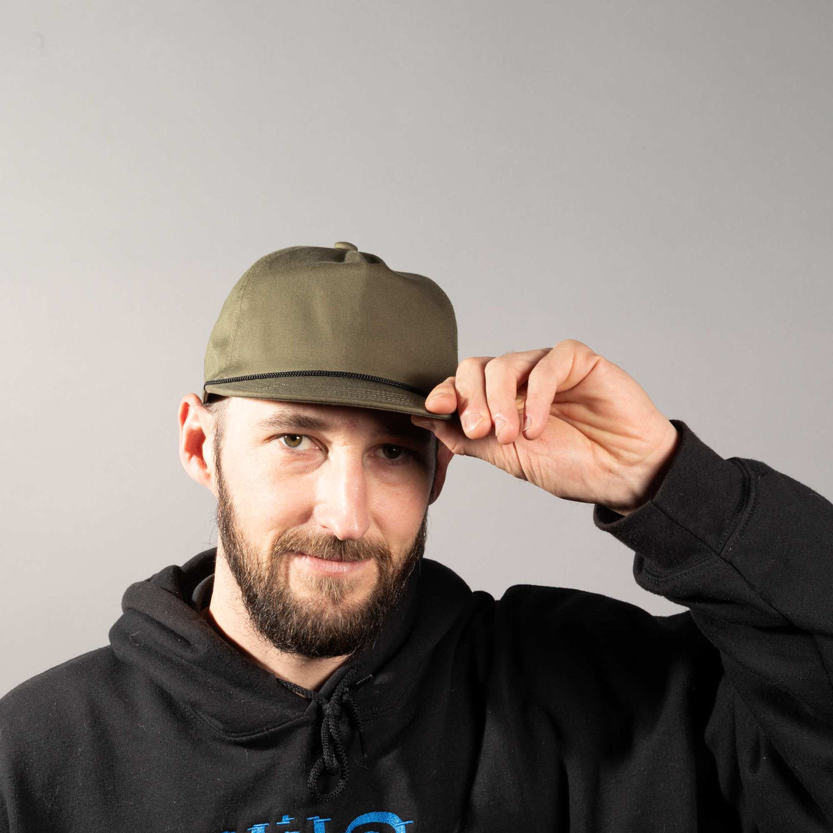 Coal Atlas Five Panel Cap with Rope Detail Embroidery - Loden - Front On Model