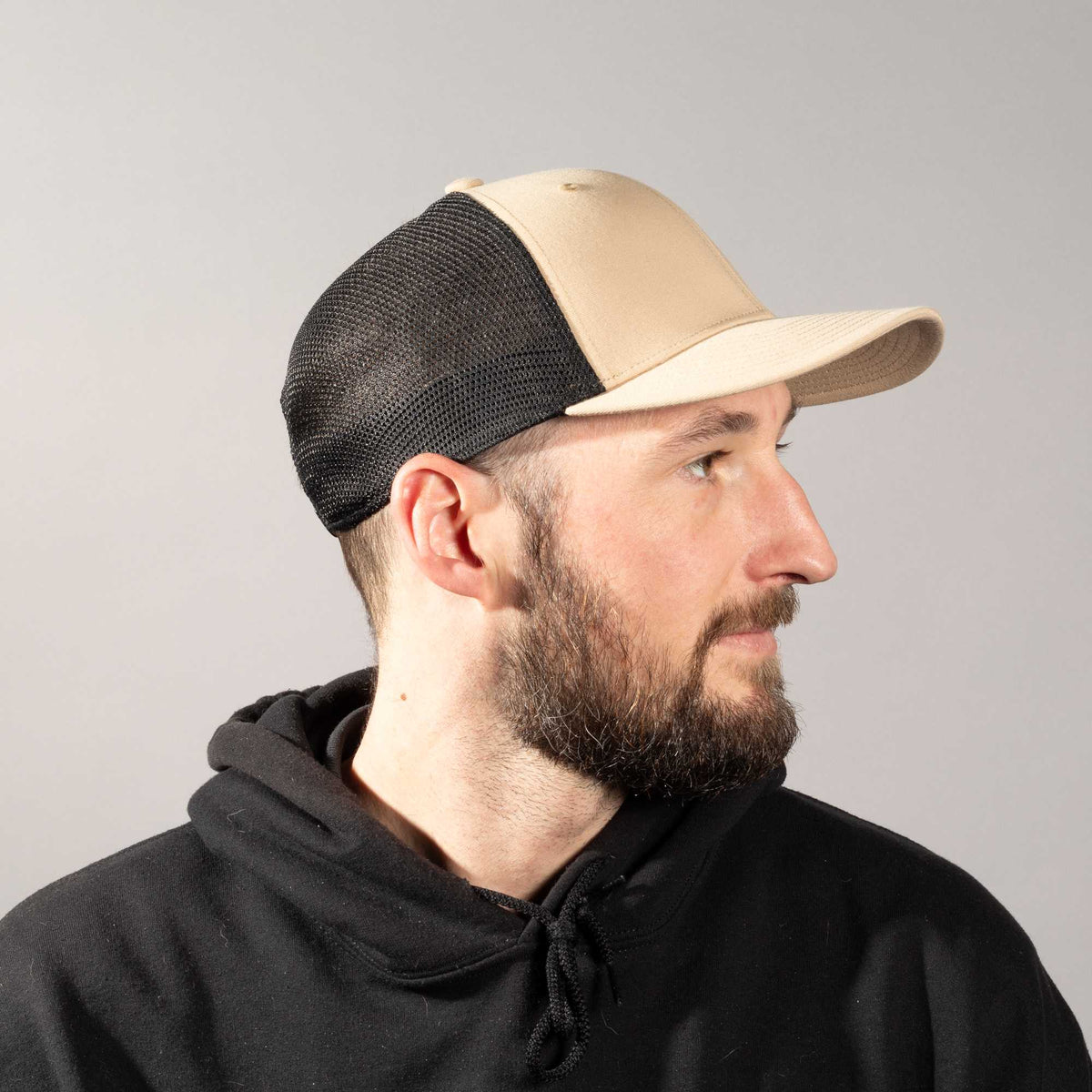 Coal Hauler Low Profile Trucker Cap Transfer - Desert Khaki/Black - Front On Model 2