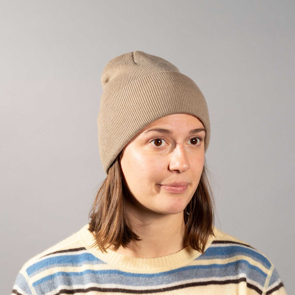 Coal Uniform Cuff Beanie in Recycled Knit Embroidery - Desert Khaki - Front On Model