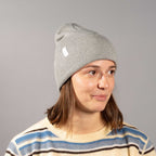 Coal Uniform Cuff Beanie in Recycled Knit Embroidery - Heather Grey - Front On Model