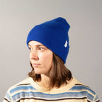 Coal Uniform Cuff Beanie in Recycled Knit Embroidery - New Royal - Front On Model