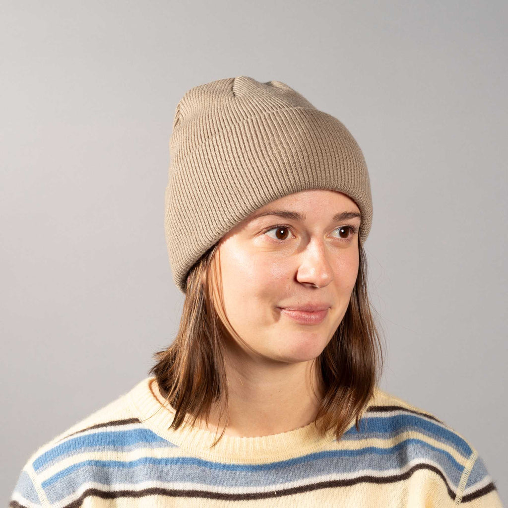 Coal Wayne Relaxed Fit Knit Beanie Embroidery - Desert Khaki - Front On Model