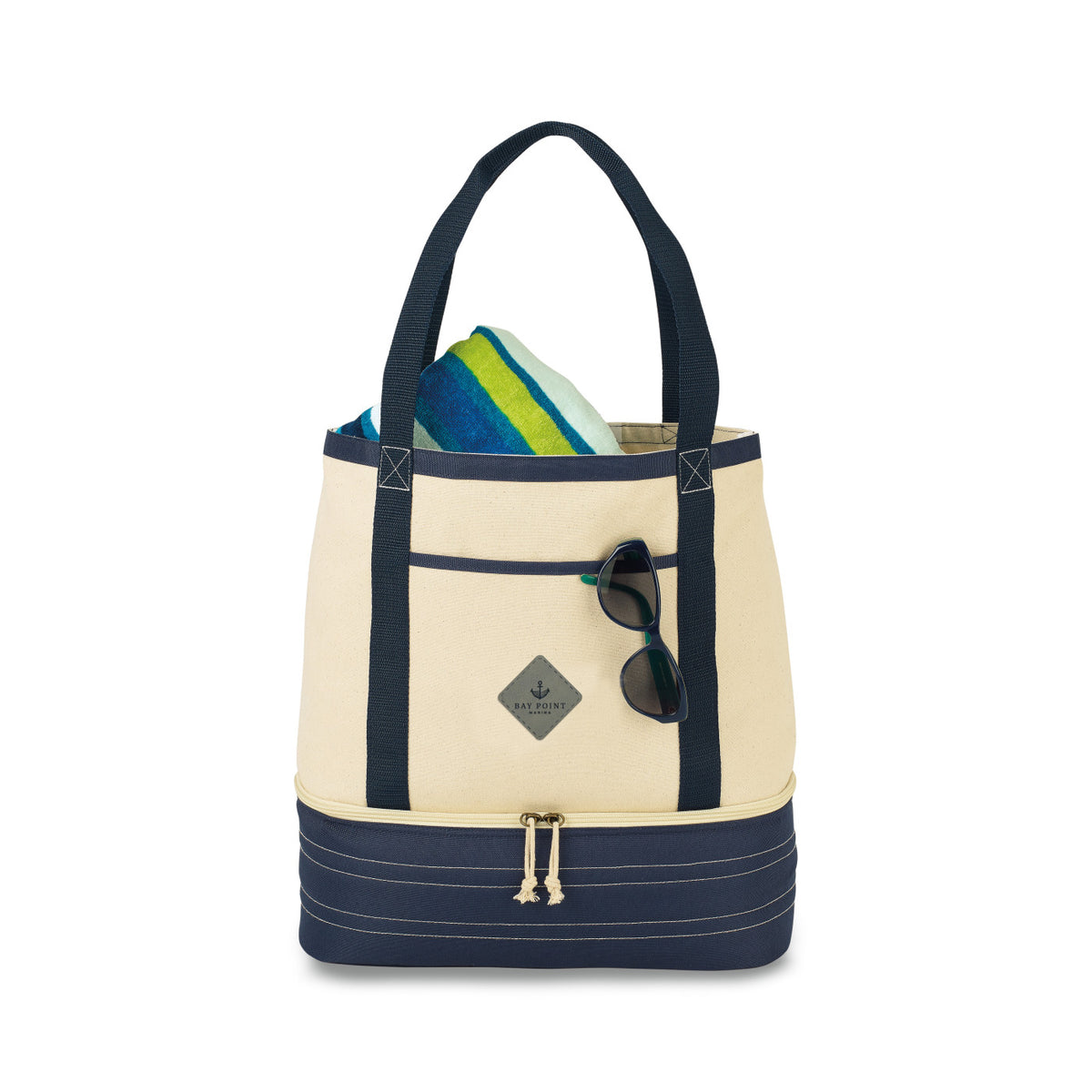 Coastal Cotton Beach Tote with Cooler Compartment Embroidery - Navy Blue-Natural - View 2