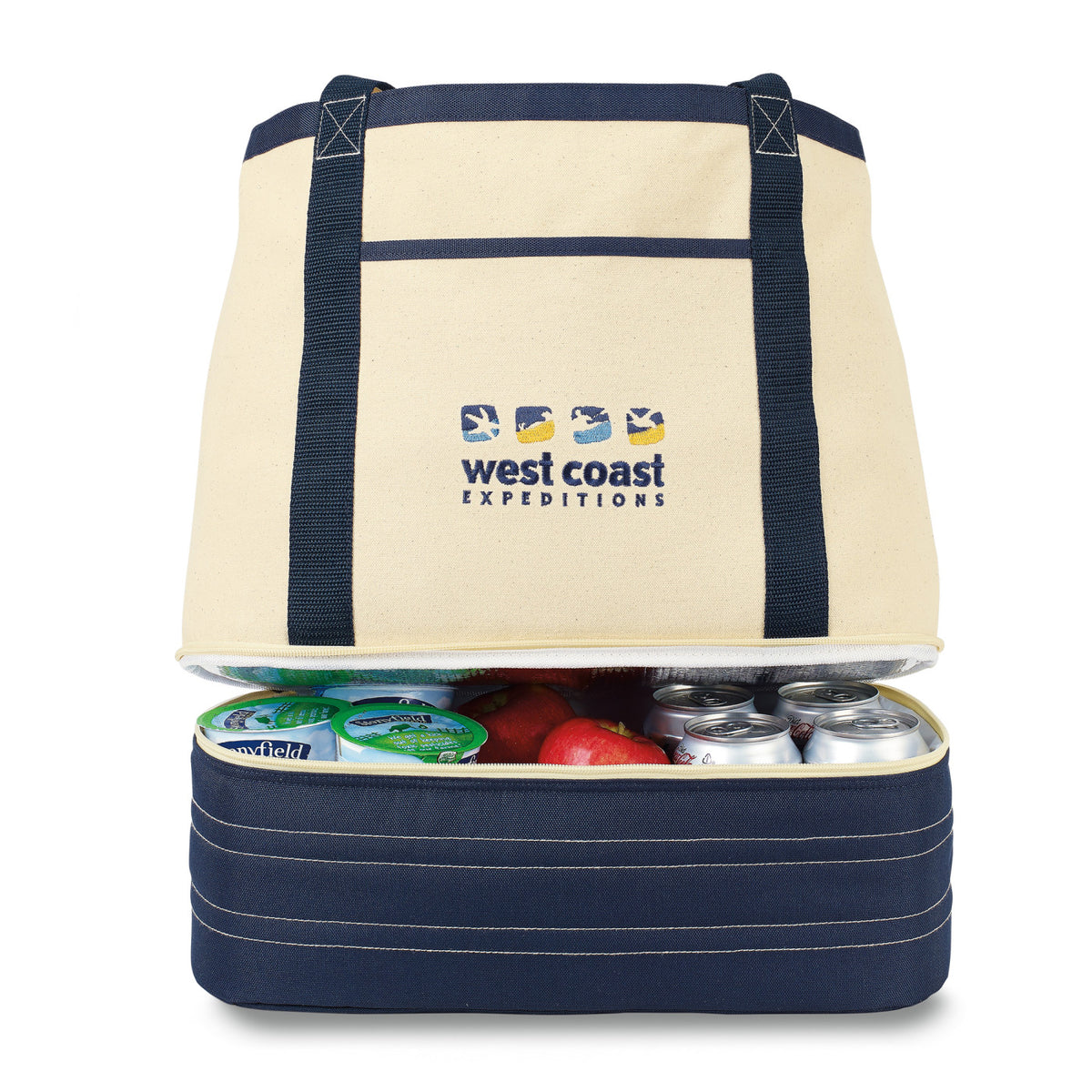 Coastal Cotton Beach Tote with Cooler Compartment Embroidery - Navy Blue-Natural - View 3
