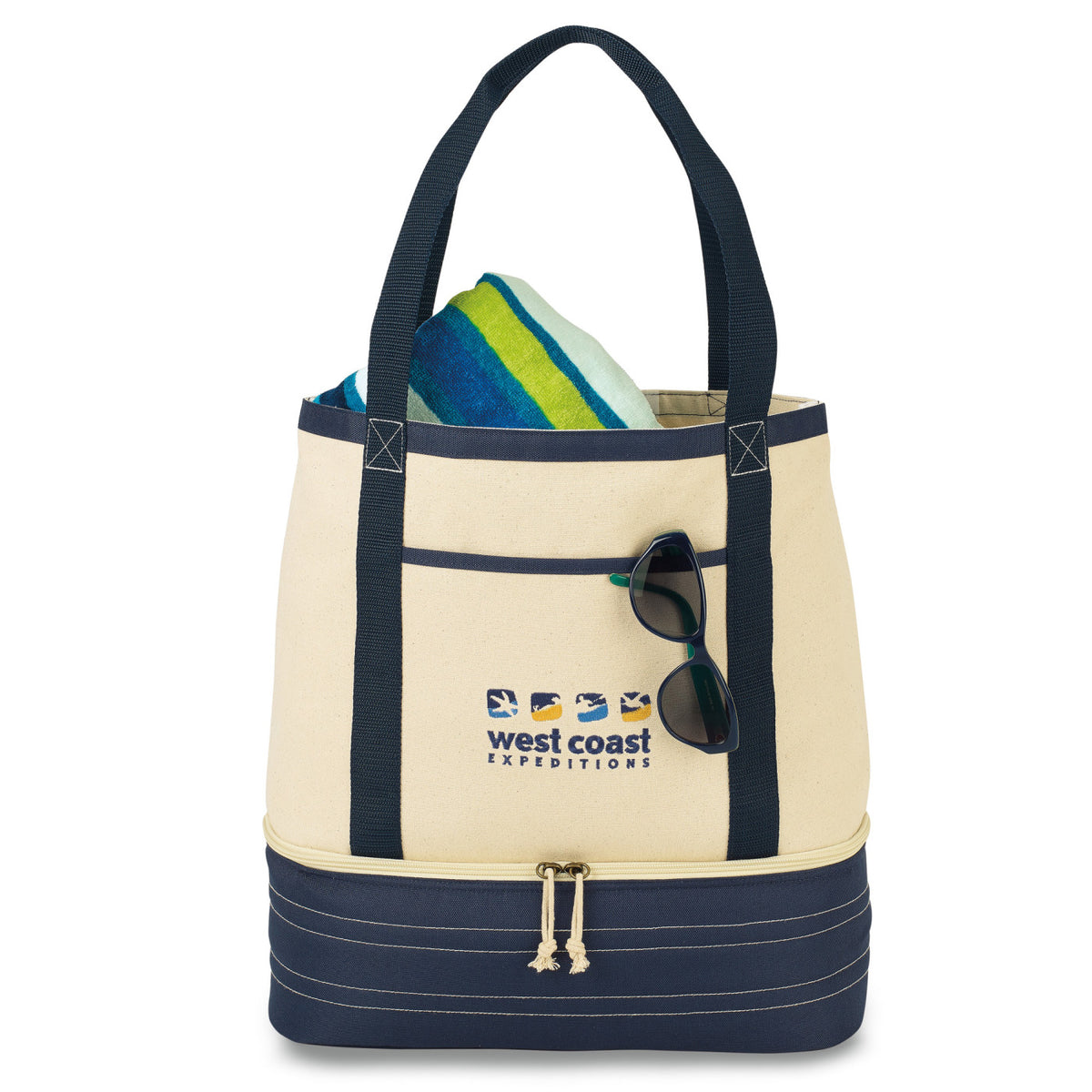 Coastal Cotton Beach Tote with Cooler Compartment Transfer - Navy Blue-Natural - View 1