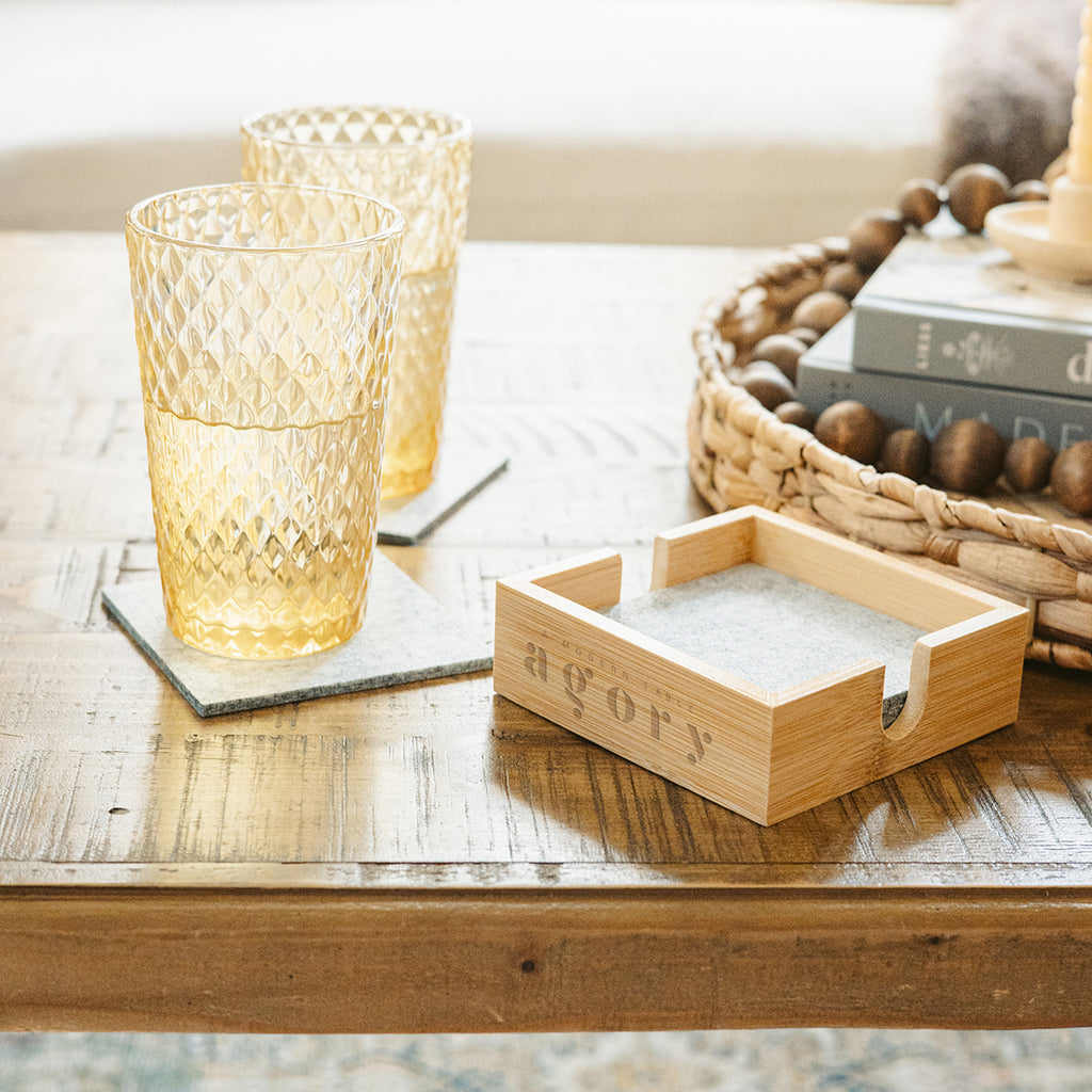 Coaster Set in Bamboo and Recycled Felt - Natural with Gray - Lifestyle_Laser
