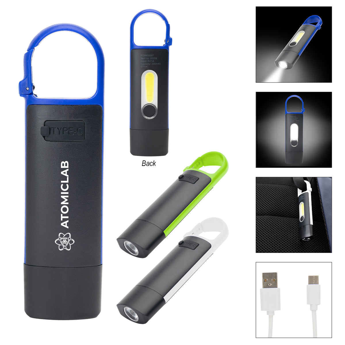 COB Flashlight on a Carabiner, Rechargeable