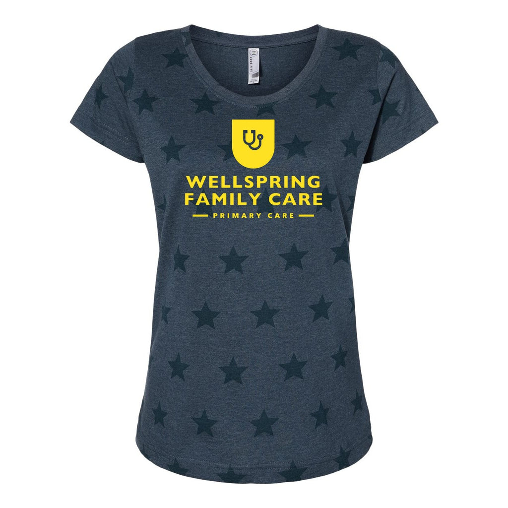 Code Five Women's Star Print Scoop Neck Tee - Denim Star - Front