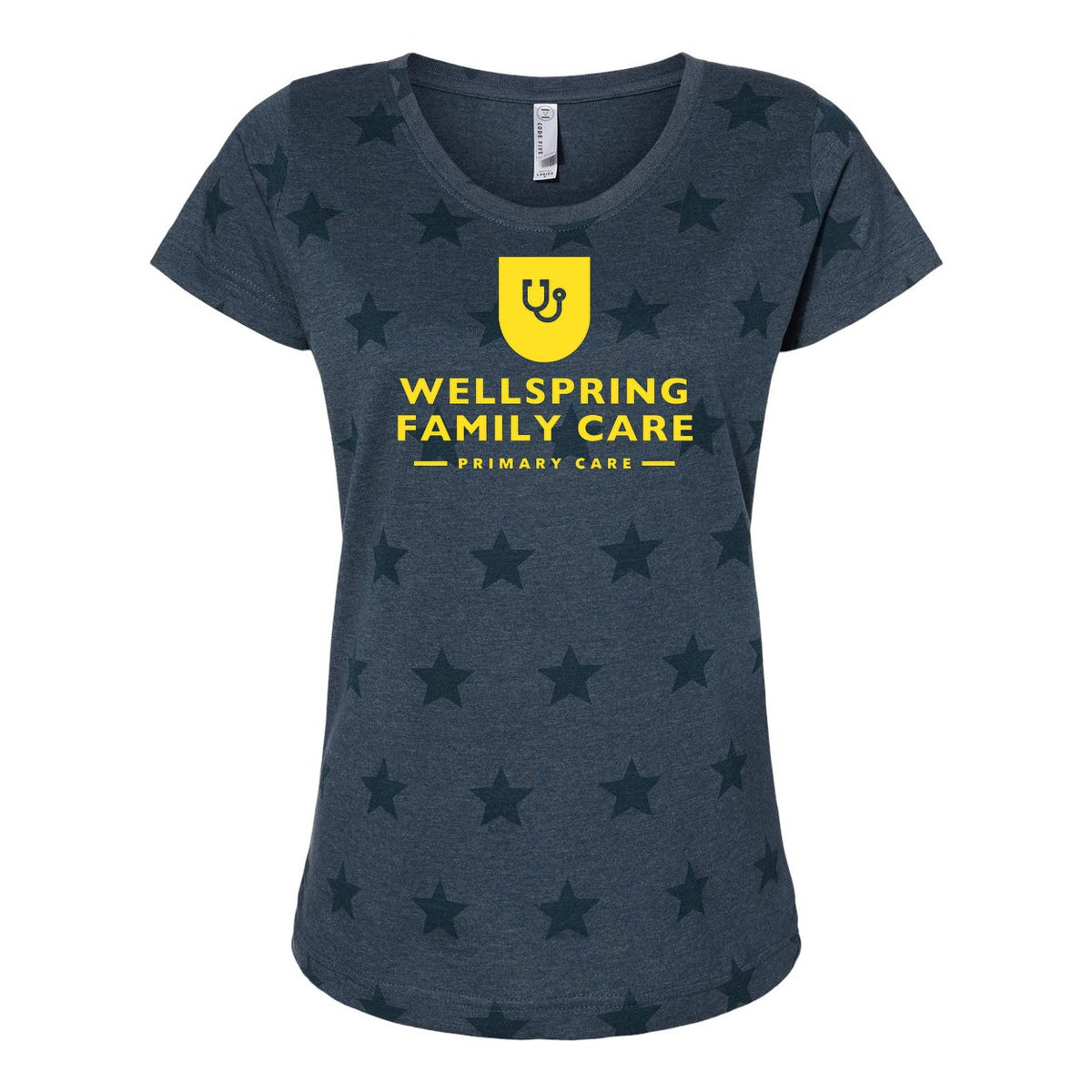 Code Five Women's Star Print Scoop Neck Tee - Denim Star - Front