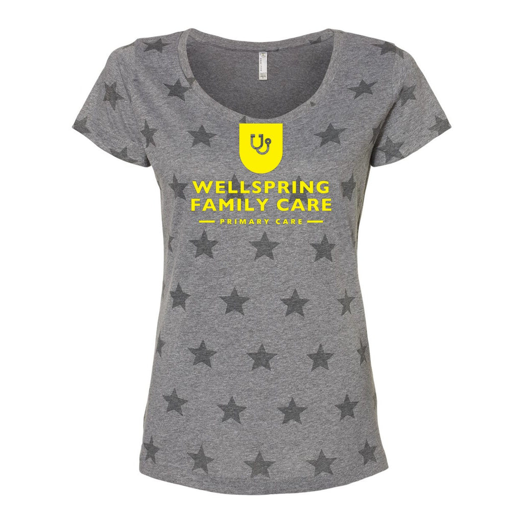 Code Five Women's Star Print Scoop Neck Tee - Granite Heather Star - Front