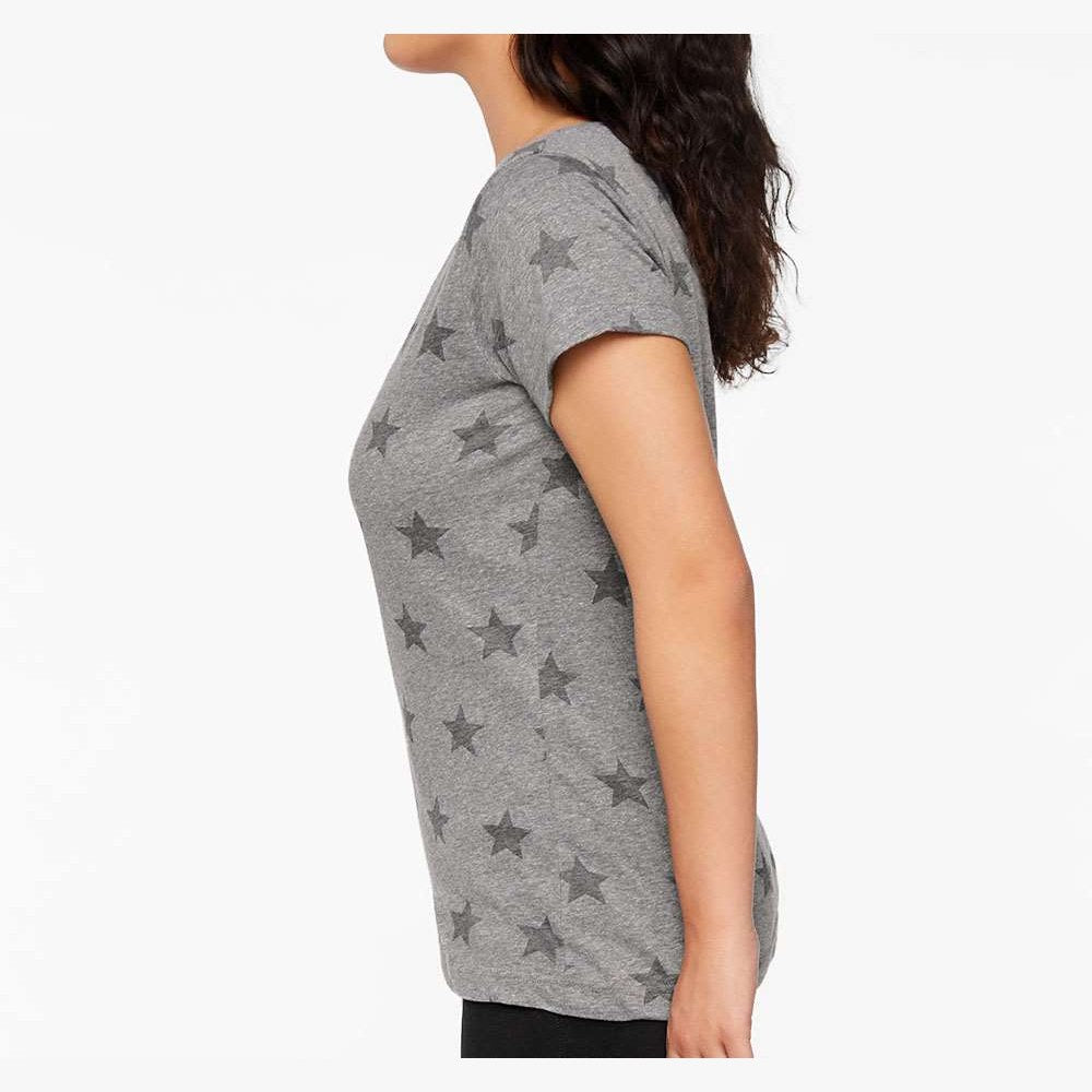 Code Five Women's Star Print Scoop Neck Tee - Granite Heather Star - On Model Side